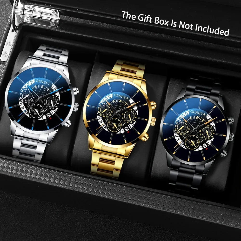 3-piece men's fashionable quartz watch set, stainless steel strap, circular dial, date function, electronic drive,