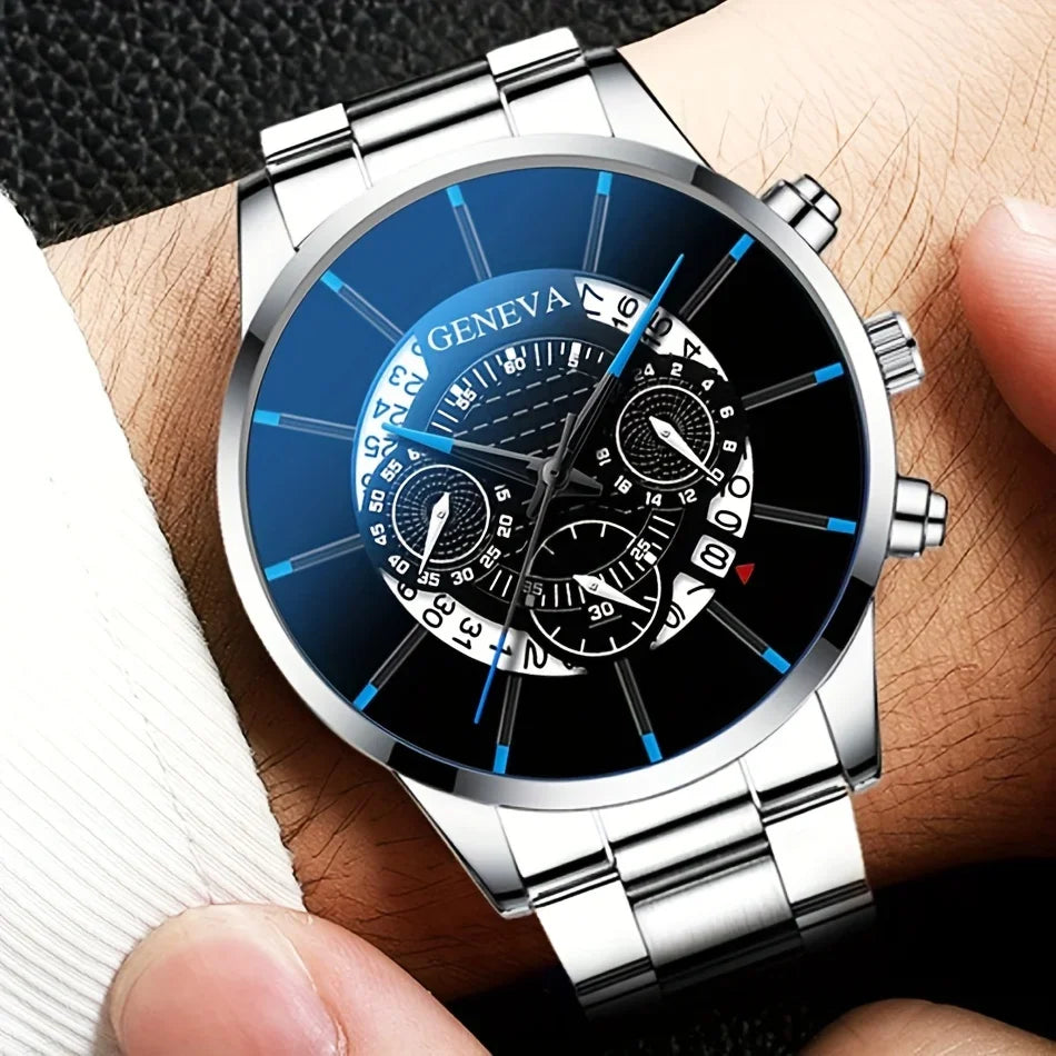 3-piece men's fashionable quartz watch set, stainless steel strap, circular dial, date function, electronic drive,