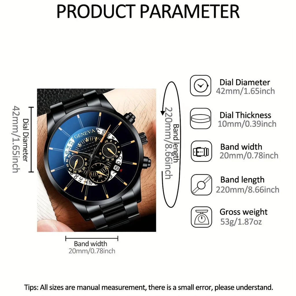 3-piece men's fashionable quartz watch set, stainless steel strap, circular dial, date function, electronic drive,