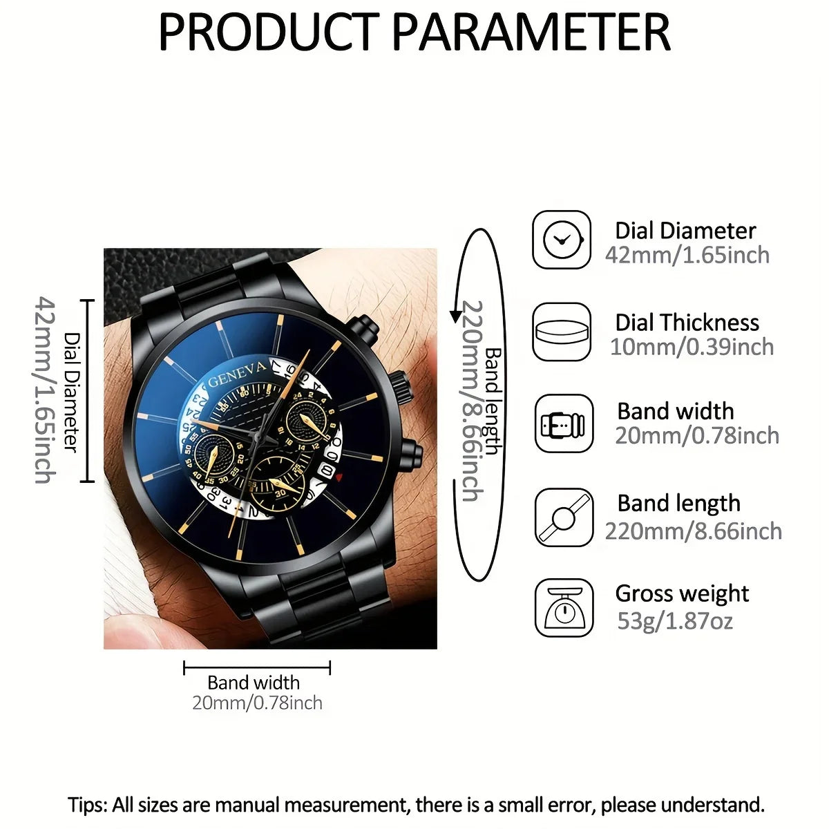 3-piece men's fashionable quartz watch set, stainless steel strap, circular dial, date function, electronic drive,