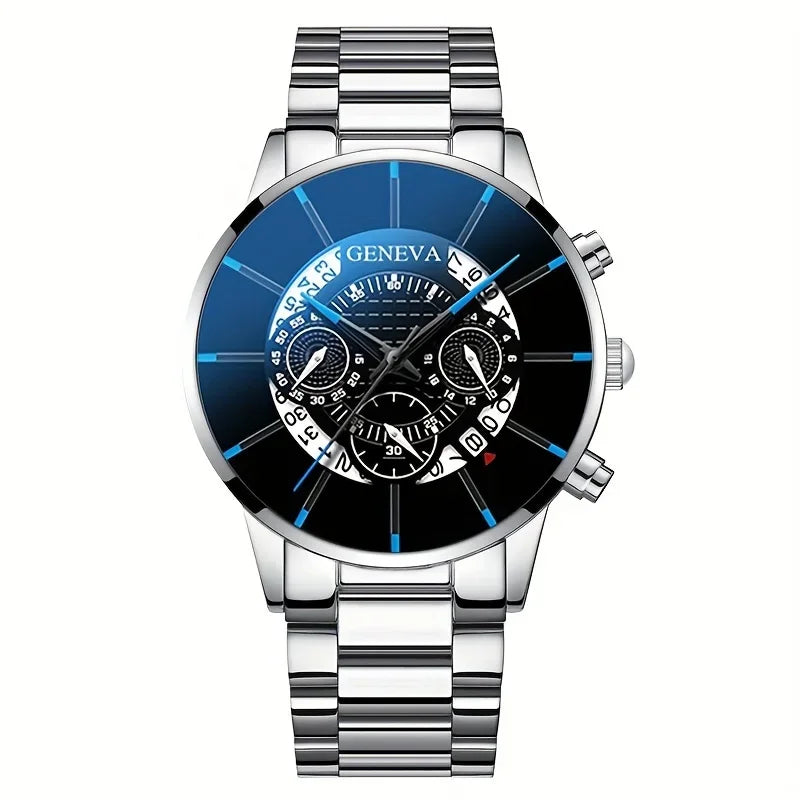 3-piece men's fashionable quartz watch set, stainless steel strap, circular dial, date function, electronic drive,